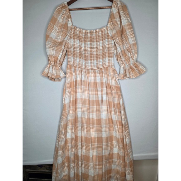 AURA Plaid Midi Dress Women Medium Orange White Smocked Puff Sleeve prairie - Picture 2 of 8